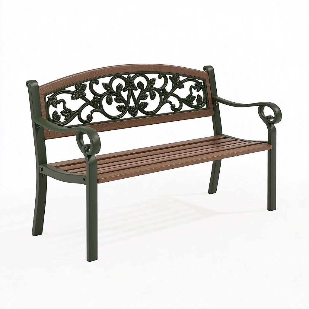 Gartenbank 120 x 60 x 85 cm aus Metall und Holz Braun Dunkelgrün mit floralem Dekor
