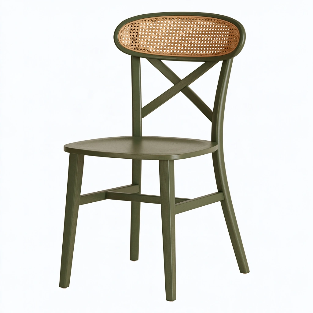 Esszimmerstuhl 45 x 50 x 85 cm aus Holz und Rattan in Olivgrün mit Kreuzstreben
